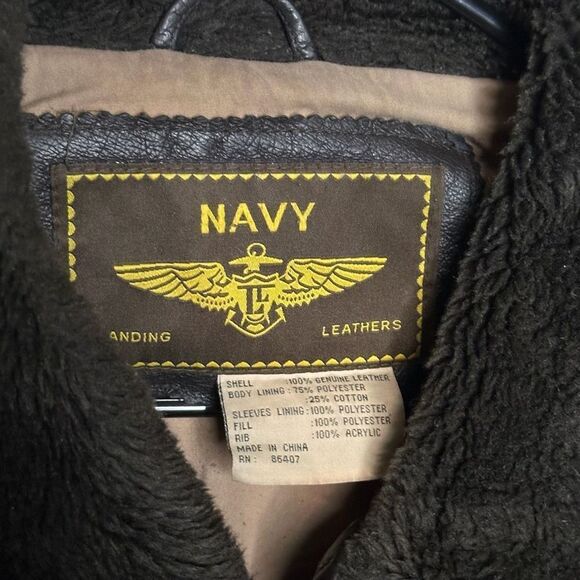 Navy Landing Leathers Dark Brown Fur Collar Genuine Leather Bomber Jacket Large - Picture 5 of 6